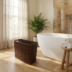 Top Sale Handcrafted Dark Bamboo Laundry <b>Basket</b> <b>Rectangular</b> Woven <b>Storage</b> Bin Woven Organizer for Bathroom Rustic Style - Product Image 1