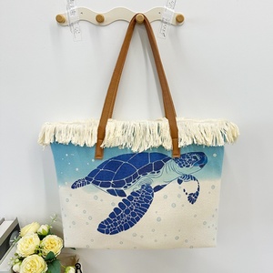 <span class=keywords><strong>Sac</strong></span> à bandoulière grande capacité pour femme, motif marin imprimé, avec deux sangles, en toile, style rétro, à pompons, fermeture éclair, pour la <span class=keywords><strong>plage</strong></span> et les voyages, collection Printemps-Été - Product Image 1