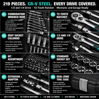 Ensemble d'outils d'entretien automobile OEM de 219 pièces, robuste, avec chariot à outils roulant, douilles CR-V, cliquet 72T et embouts de clé pour garage mécanique
