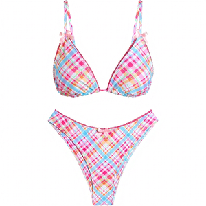 Conjunto de Bikini a Cuadros para Mujer con Tirantes Finos, Escote en V Profundo, Detalle de Lazo, Ribete en Contraste, Braguita Brasileña de Tela Elástica - Product Image 1