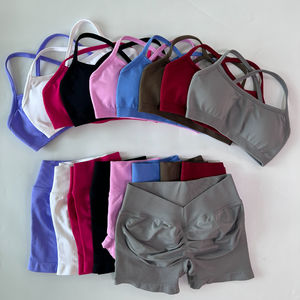 2-teiliges Set Damenkleidung Einfarbig Atmungsaktiv Nahtlos Geraffte Yoga-Shorts Rückenfreier Sport-BH Fitness Workout Top Gym-Outfit - Product Image 3