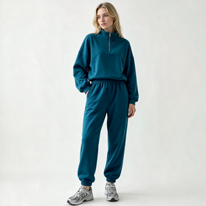 <b>Women</b> two Piece Solid <b>Teal</b> Long Sleeve Zipper <b>Top</b> Loose Fit Sweatpants Casual All Seasons Outfit - Product Image 2
