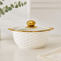 Ensemble de plats à gratin en céramique en gros, porcelaine blanche à relief ondulé, bord doré, couvercle en verre, ensemble de 3 bols à soupe