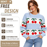 Pull tricoté pour femme ODM OEM, motif cerise personnalisé, col rond, coupe ample