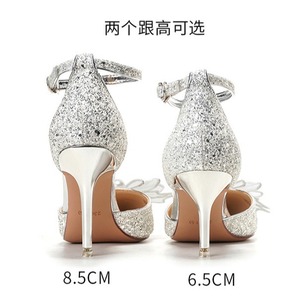 Heeled <b>Sandals</b> Pointed Toe Stiletto Heel High Heel <b>Bow</b> Decoration For Wedding Adult Ceremony - Product Image 4