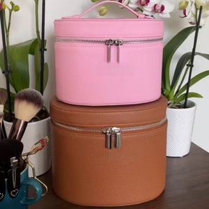 Lychee Grain PU Leather Travel Cosmetic Bag Portable Hand Carry Round <b>Makeup</b> Bag Multi Pocket Zipper Beauty Storage <b>Box</b> - Product Image 1