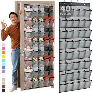 Organisateur de chaussures à suspendre sur la porte, 40 poches, en maille grise, grande capacité de rangement pour chaussures derrière la porte - Product Image 1