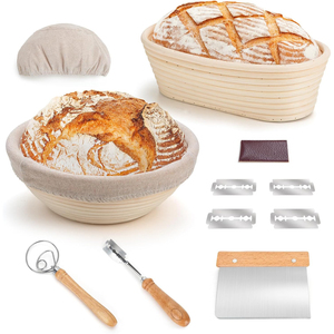 <b>Bread</b> Proofing <b>Basket</b> Set of 2, 9 Inch Round & 10 Oval Sourdough <b>Baskets</b> with Lame Scraper Brush for Making Baking Fermentation - Product Image 1