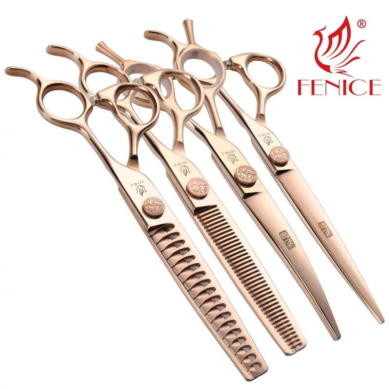 Fenice 6.5/7.0/7.5 Inch Goud Hond Grooming Rechte Snijden Schaar Gebogen Dunner Shears Set JP440C Roestvrij staal