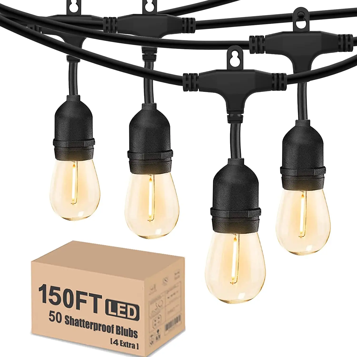 Guirlandes lumineuses d'extérieur 150 pieds, lampes de Patio étanches à LED avec 50 ampoules Edison à intensité variable incassables et chaudes pour l'extérieur