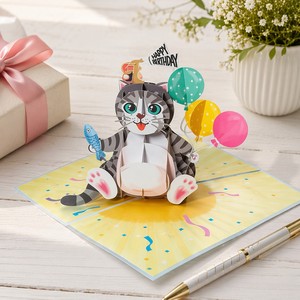 Tarjeta de felicitación de cumpleaños personalizada en 3D con diseño de gato, tarjeta de invitación impresa en papel, tarjeta de regalo con sobre de 5 x 7 pulgadas - Product Image 5