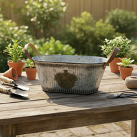 Pot de jardin galvanisé ovale en métal, bac à plantes en acier et zinc, vases antiques avec poignées en cuir pour fleurs, herbes et décoration végétale
