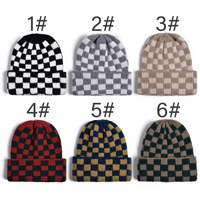 Nouveau bonnet en tricot à carreaux avec broderie de logo personnalisé et patch en cuir, coupe ample et chaude, effet amincissant pour le visage, idéal pour l'automne et l'hiver