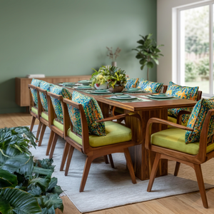 Midcentury Modern Teak Solid Wood <b>Foldable</b> Outdoor Dining <b>Table</b> Set with Green Cushions and Floral Pillows for <b>Garden</b> Patio Use - Product Image 3