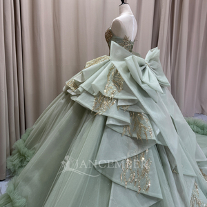 Vestido de Quinceañera de Lujo Mct031 en Verde Salvia, Sin Tirantes, con Corsé de Mariposa, Lazo en la Cintura, Volantes, Estilo Princesa, Jancember - Product Image 3