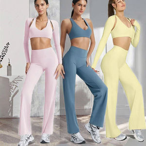 Femmes 3 pièces respirant Fitness formation costume à manches longues soutien-gorge avant solide évasé taille haute pantalon Sports de plein air Pilates Yoga - Product Image 3