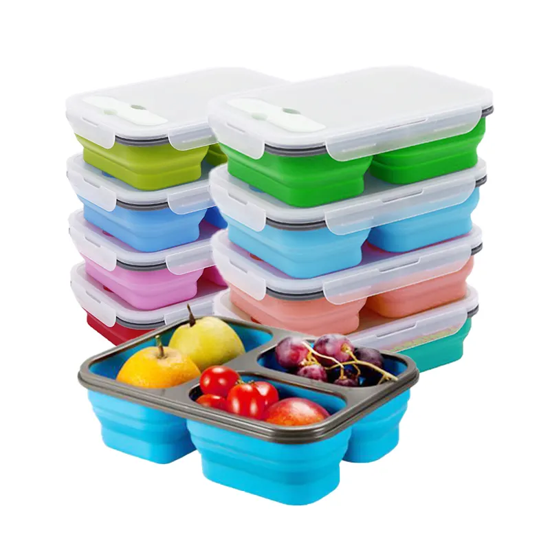 Eco Vriendelijke Herbruikbare Voedsel Opslag Container Bpa Gratis Siliconen Opvouwbare Kids Bento Box Set Siliconen Lunchboxen Met Vork