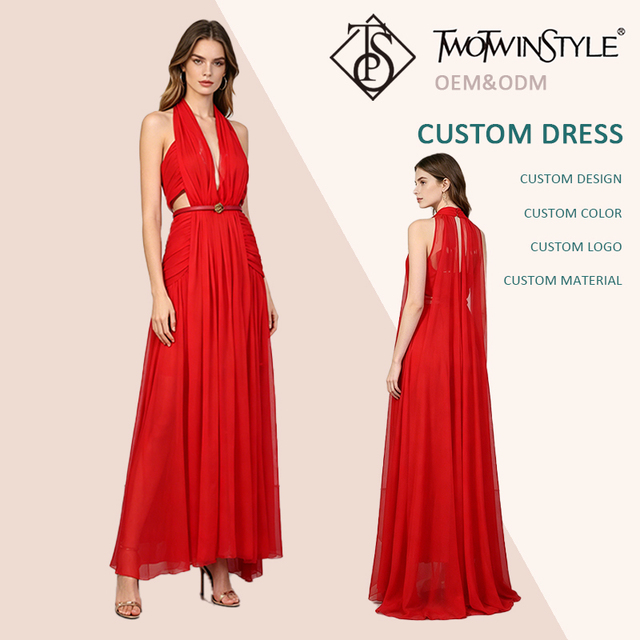 Luxury Red Halter Neck Maxi Dress Women Deep V Cutout Waist Cape Back Flowy Chiffon Formal Prom Evening Gown Fashion Wholesale