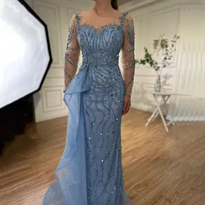 Abiti da Sera Eleganti a Sirena Blu a Maniche Lunghe <span class=keywords><strong>con</strong></span> Spacco Alto e Sopragonna Laterale Serene Hill 2024 per Feste Modello LA72044 Personalizzato - Product Image 1