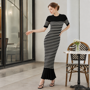 Vestido Maxi de Punto a Rayas para Mujer, Manga Corta, Cuello Redondo, Estilo Bodycon, Cintura Natural, Estilo Minimalista, para Todas las Temporadas - Product Image 2