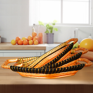 Toparts Plateau en osier tressé fait main, style artisanal folklorique indien, en forme de bateau, avec poignée, pour cuisine, maison, fruits et pain, Earth Day - Product Image 3
