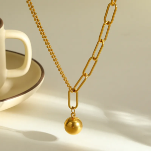 Collier pour femme, plaqué or 18 carats, acier inoxydable, style rond, chaîne en forme de trombone, chaîne à billes, pendentif, bijoux, design moderne - Product Image 4