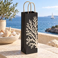 Sac cadeau pour vin en papier kraft à imprimé corail brancheux, pour bouteille unique, avec poignées torsadées - Noir