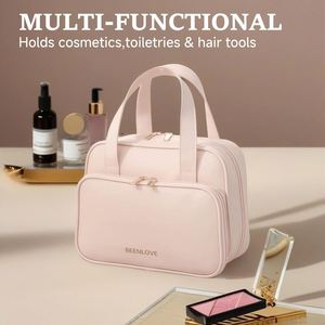 Women's Large Capacity Durable PU Leather Zippered Cosmetic Storage Makeup Pouch Fashion Letter Travel for Bag Soft Handle - Product Image 2