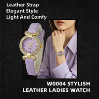 Montre à quartz personnalisable pour femme, petite série, vente en gros directe usine, bracelet en cuir violet clair, boîtier rond en alliage doré, strass