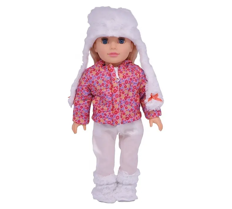 Роскошные ярко-голубой глаз пользовательские реалистичные 18 дюймов винил американская кукла модная одежда для девочек с белыми шапка зимняя одежда для детей