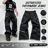 Jeans en denim noir personnalisé avec logo, effet vieilli, patchwork, ourlet brut, coupe ample, jambe large, style streetwear vintage pour homme – Vente en gros