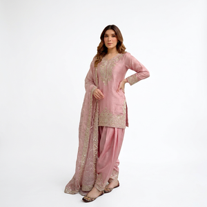 <b>Pink</b> Embroidered <b>Silk</b> Solid Traditional Salwar Kameez Women Set Heavy Wrinkle Free Stretchable Straight Kurta Pants Wedding - Product Image 1