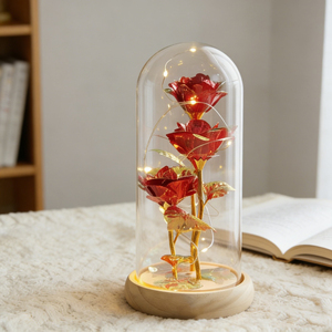 Rose in Foglia d'Oro in Cupola di Vetro con Luce LED 11*21cm, Lampada Rosa Iridescente Viola, Ornamento di Lusso per Arredamento Casa, Fornitura di Fabbrica - Product Image 3