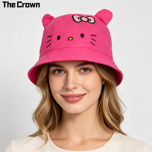 Custom Logo Cartoon Cat Bucket Hat Wholesale Bulk Embroidered <b>Face</b> Funny Hat With 3D Stuffed Ears & Bow Manufacturer - Product Image 1