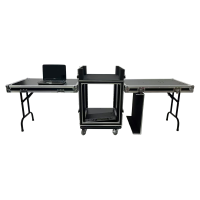 Flight case OEM 12U antichoc sur roulettes pour Midas M32R et amplificateurs, avec 2 tables DJ et 4 loquets de sécurité