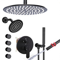Système de douche double tête Homedec avec 4 jets latéraux, jet pluie 4 voies et douchette à main 6 pouces, montage au plafond, laiton noir mat