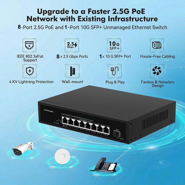 8-Port 2.5Gb PoE (100W) Unmanaged Gaming Switch with 8 X 2.5G PoE - Multi-Gig 10G SFP+ Uplink Port