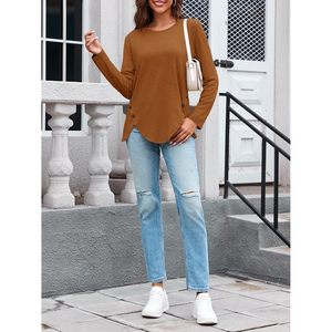 Fisoew Camisa informal de manga larga para mujer, cuello redondo, botones laterales, camisa asimétrica de punto, uso diario - Product Image 3