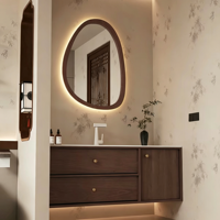 Ensemble de meuble-lavabo de salle de bain de style mi-ancien, couleur noyer, lavabo intégré en pierre frittée thermoformée, personnalisable