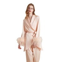 Robe de chambre haut de gamme Pure Desire en soie glacée respirante avec plumes amovibles, camisole et pantalon long pour l'été