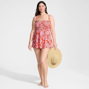 Robe de bain mini smockée à col carré pour femme, grande taille, imprimé numérique, en spandex et polyester, à enfiler - Product Image 4