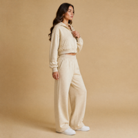 Ensemble de survêtement molletonné pour femme, coupe ample et épaisse, avec sweat à capuche zippé et pantalon de survêtement large, couleur unie, coupe courte et carrée