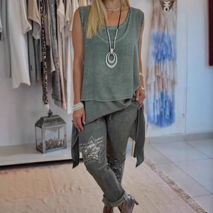 Ensemble <span class=keywords><strong>pantalon</strong></span> et camisole décontracté tendance à motif décoratif et ourlet long - Product Image 4
