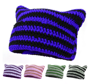 Mũ Beanie Nhật Bản mới Mũ len dệt kim sọc quỷ nhỏ Mũ len mùa thu và mùa đông dễ thương tai mèo nhọn Áo Thun Nữ - Product Image 5