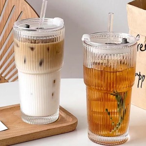 Tasse à thé <span class=keywords><strong>Pyrex</strong></span> rayée avec couvercle et cuillère, tasse à lait, à café, à thé à bulles pour la maison et le bureau - Product Image 3