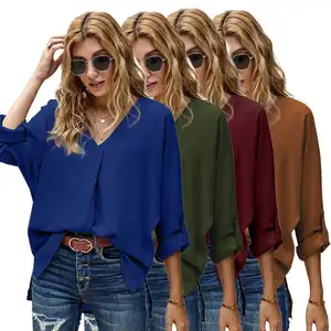 High Quality Custom Ladies Long Sleeve Plain Shirts Tops New Design Elegant V Neck Women's Blouses