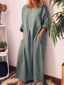 Mujeres 2022 tendencia otoño manga larga vestido suelto verano Maxi algodón Lino con bolsillos - Product Image 5