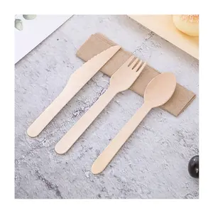 Wholesale Birch Wood Degradable Disposable Cutlery Biodegradable Wooden Napkin And Cutlery Set