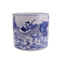 RZMA35-D-L Pot/Planter Keramik Motif Koi & Anak-Anak Cina Biru Putih Berglasir Chinoiserie untuk Rumah & Taman