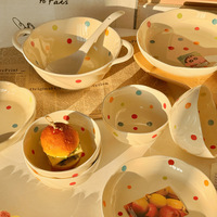 Service de vaisselle en céramique crème à pois, style moderne et minimaliste Leeyi – Bols et assiettes élégants, grand bol à soupe, assiette à riz et nouilles